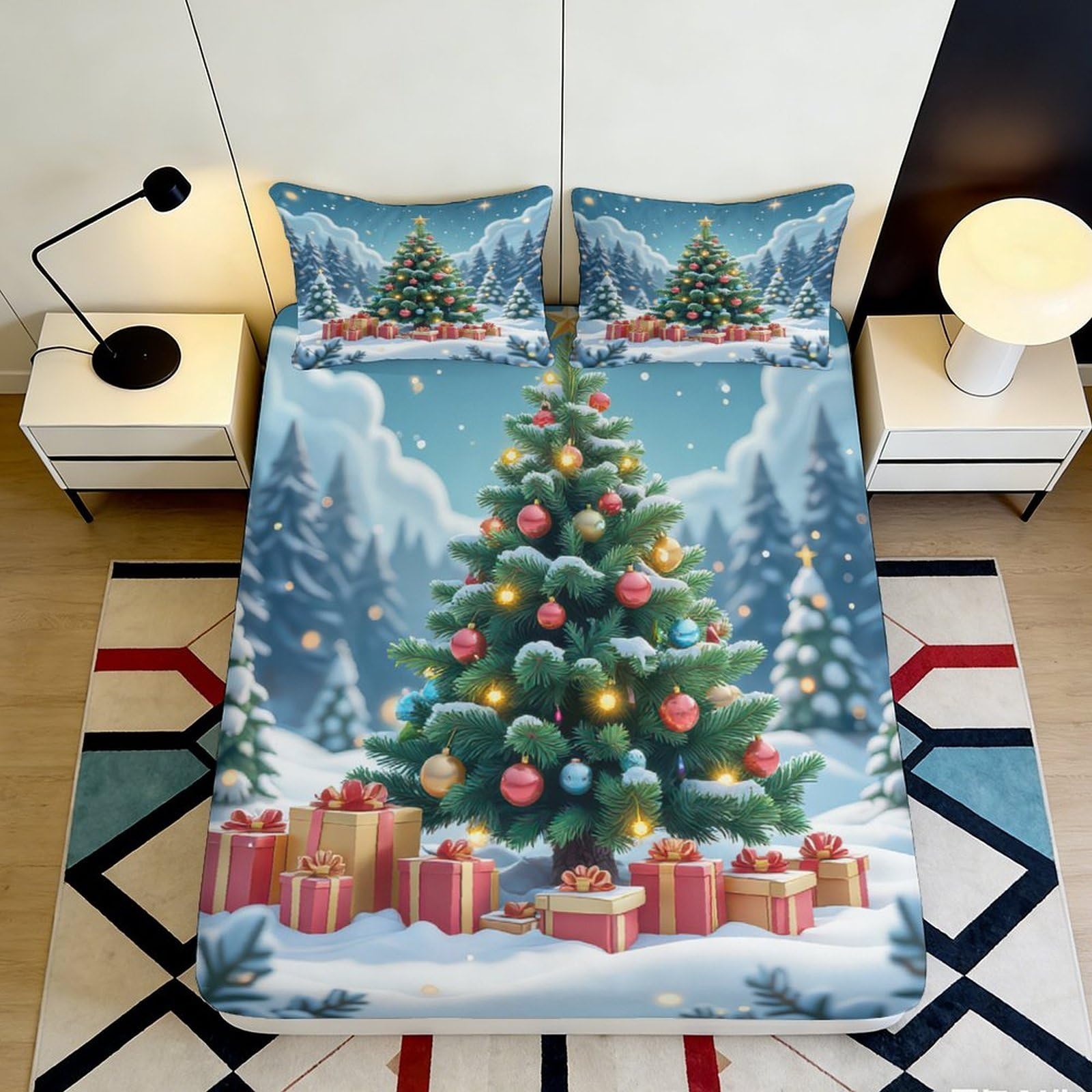 3D Printed Christmas Tree Fitted Sheet Microfiber Soft Snowy Landscape Bed Cover for Bedroom Guest Room Mattress Decor 90x200x25cm