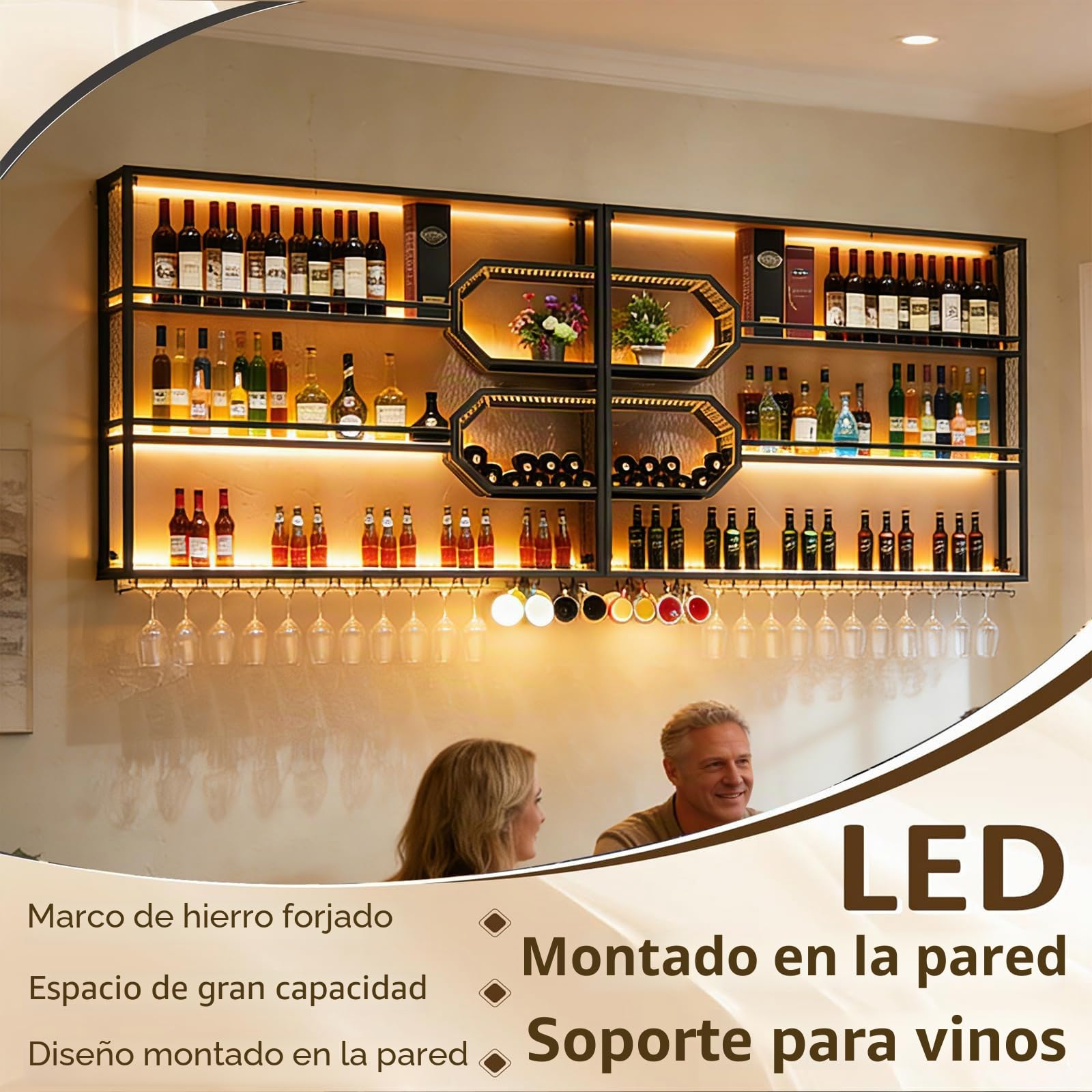 241cm Botellero Pared 4 Niveles LED y Copas Hierro Madera | Estante colgante hierro madera 4 niveles, tira LED cálida, soporte copas, 70 lbs/capa, fácil montaje, decoración bar