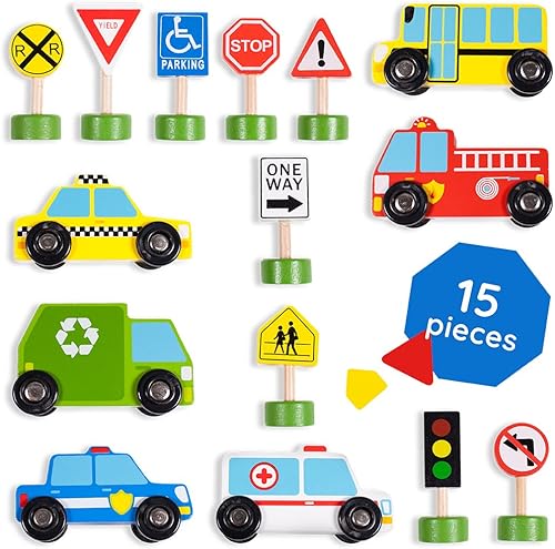 Miniatura 3 de Juego de 15 piezas de letreros de calle de madera de ciudad ocupada y autos de trabajo con caja de almacenamiento de madera ranurada por Imagination