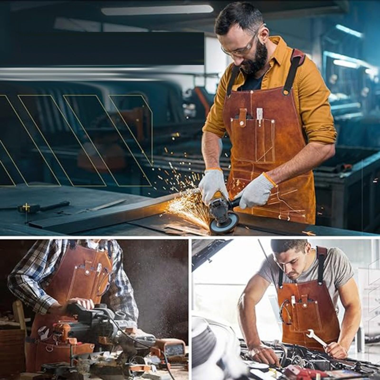Tablier de soudure en cuir pour homme, 6 poches pour homme - Résistant à la chaleur - Protection contre les flammes - En cuir de vache - Pour atelier, forgeron, armurier - Rangement d'outils