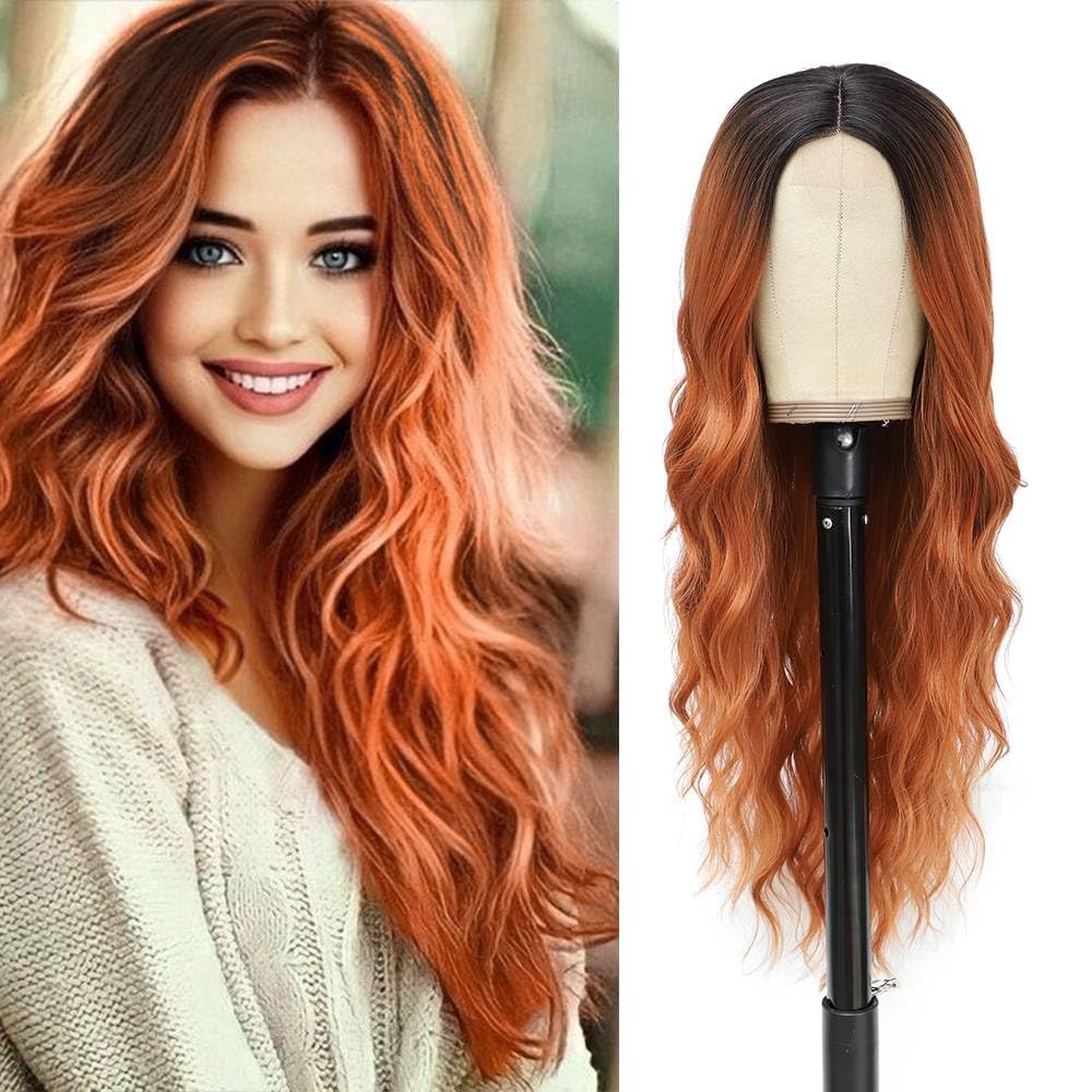 PORSMEER Long Ombre Copper Red Wavy Wig for Women 26 Inch Lace Middle Part Curly Wavy Wig Natural Looking Synthetic Heat Resistant Hair for Daily Party Use