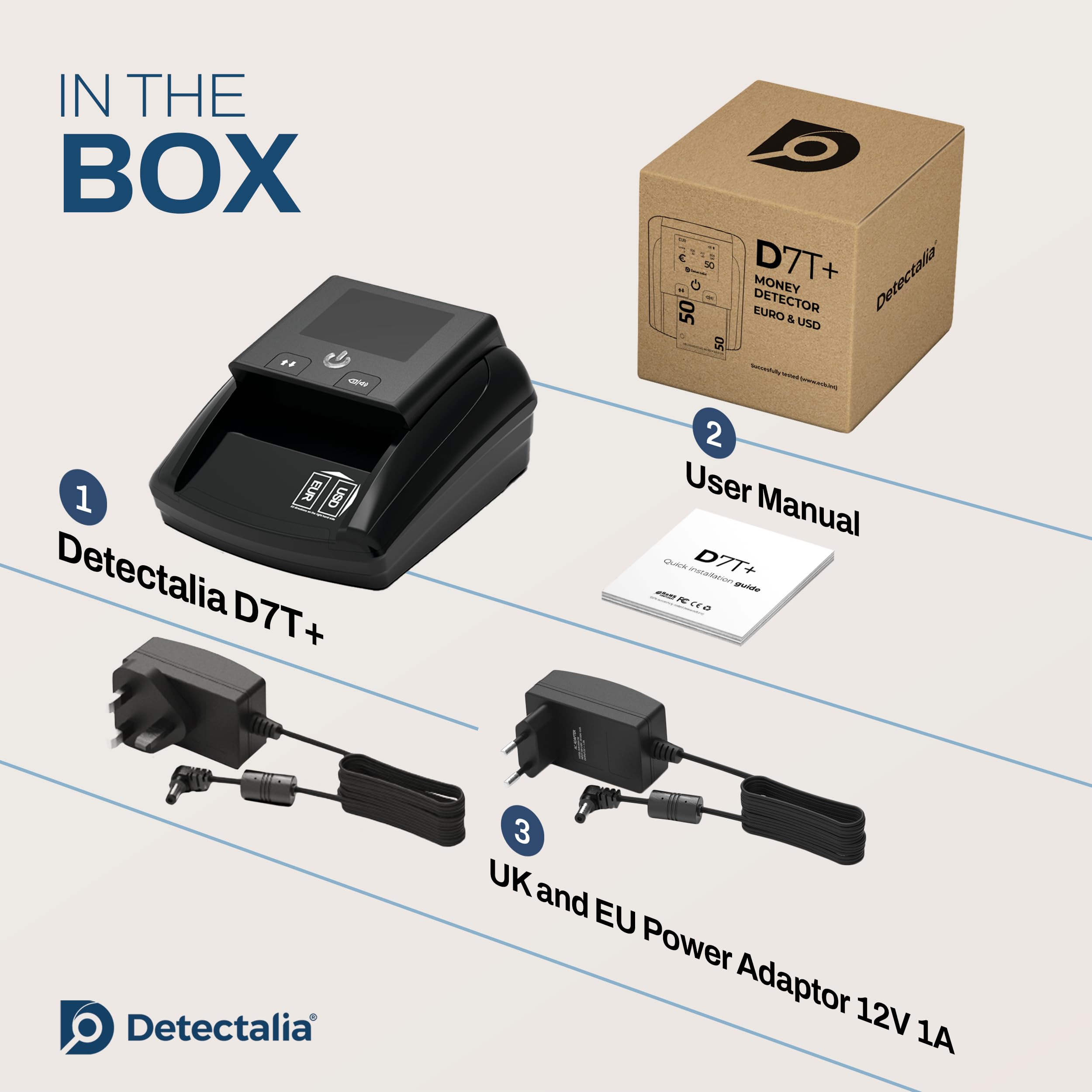 Detectalia D7T+ Detector de Billetes Falsos con 100% detección, 5 Sistemas de detección para 3 divisas EUR, GBP, USD y Pantalla Color TFT