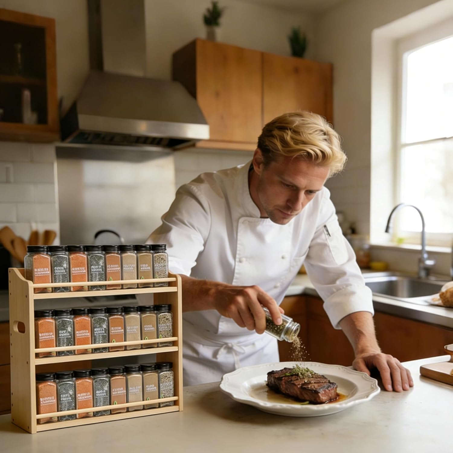 Bamboo Spice Rack Organizer, 3 Tier Spice Jars Storage Rack with Handles, Seasoning Shelf for Kitchen Counter or Wall - Image 3