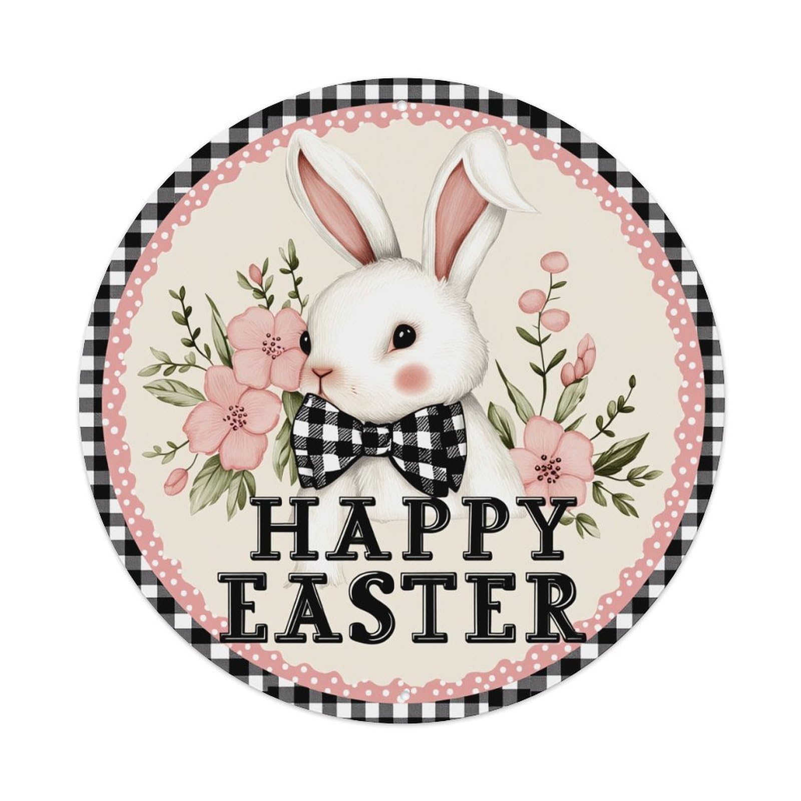 Easter Bunny Floral Bow Checkered Round Tin Sign Vintage Metal Poster, Home Bar Garage Man Cave Cafe Indoor & Outdoor Wall Decoration 8x8Inches