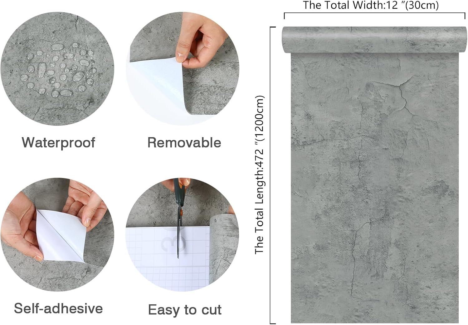 CHIHUT 12''x472'' Thick Grey 3D Faux Concrete Wallpaper Peel and Stick Self Adhesive Industrial Cracked Cement Wallpaper Removable Waterproof Concrete Contact Paper for Cabinets Walls Countertops