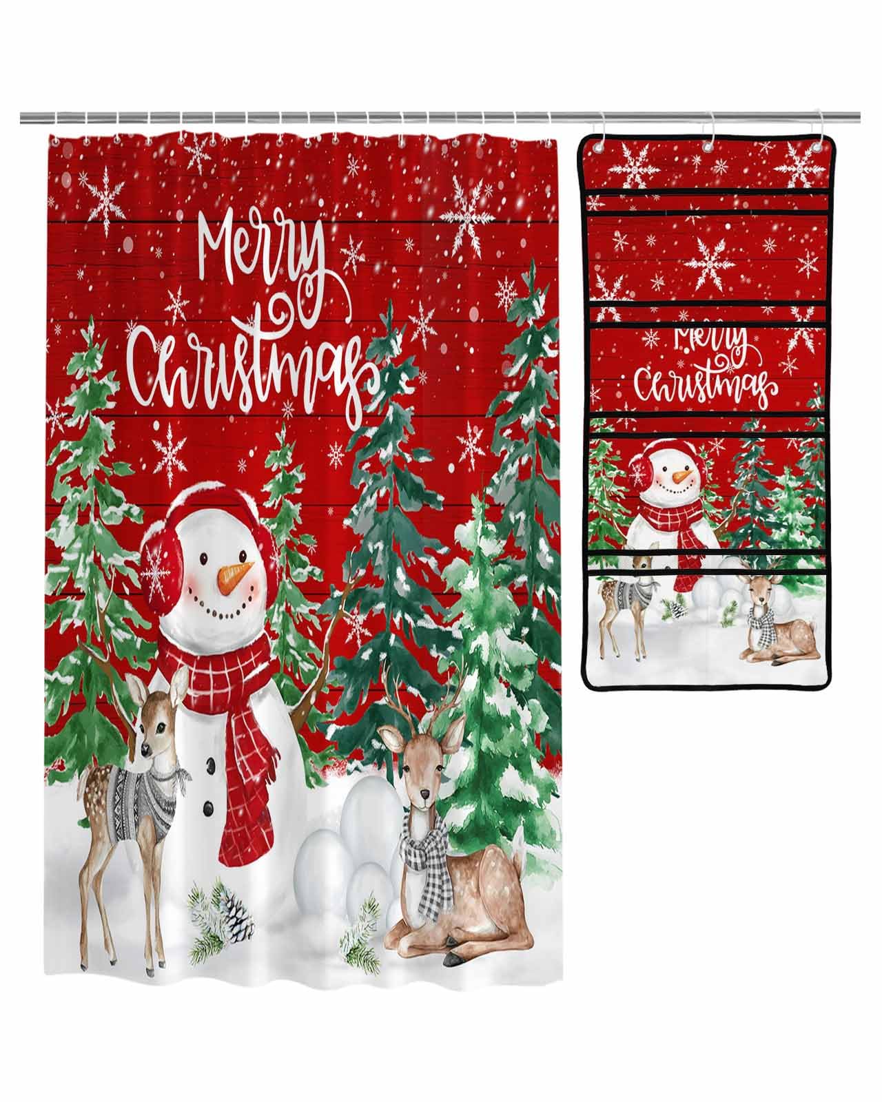 Decorative Shower Curtain Sets Merry Christmas Fabric Shower Curtains Winter Xmas Tree Snowman Elk Snowflake Red Wooden Grain
