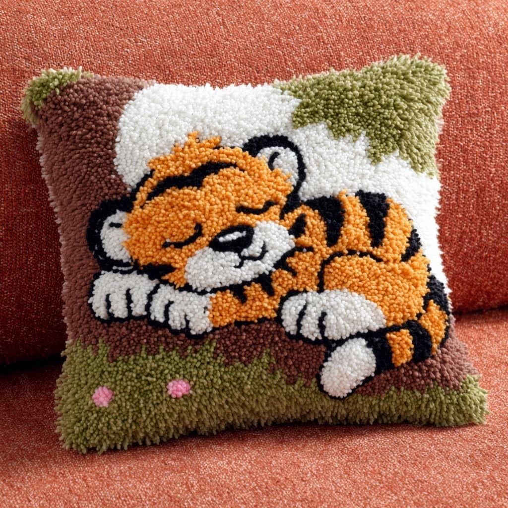 Taxpy DIY Latch Hook Pillow Kit Pre-Printed Hook and Latch Rug Kits Tiger 17X17 Inch.Cross-Stitch Embroidery Cushion Cover for Home Sofa Decoration