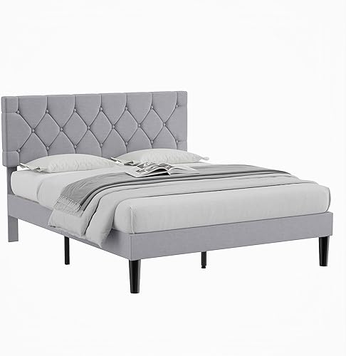 Miniatura 8 de VECELO Base de cama matrimonial con cabecero, base de cama tapizada con soporte de listones de madera, diseño copetudo, no necesita somier, color