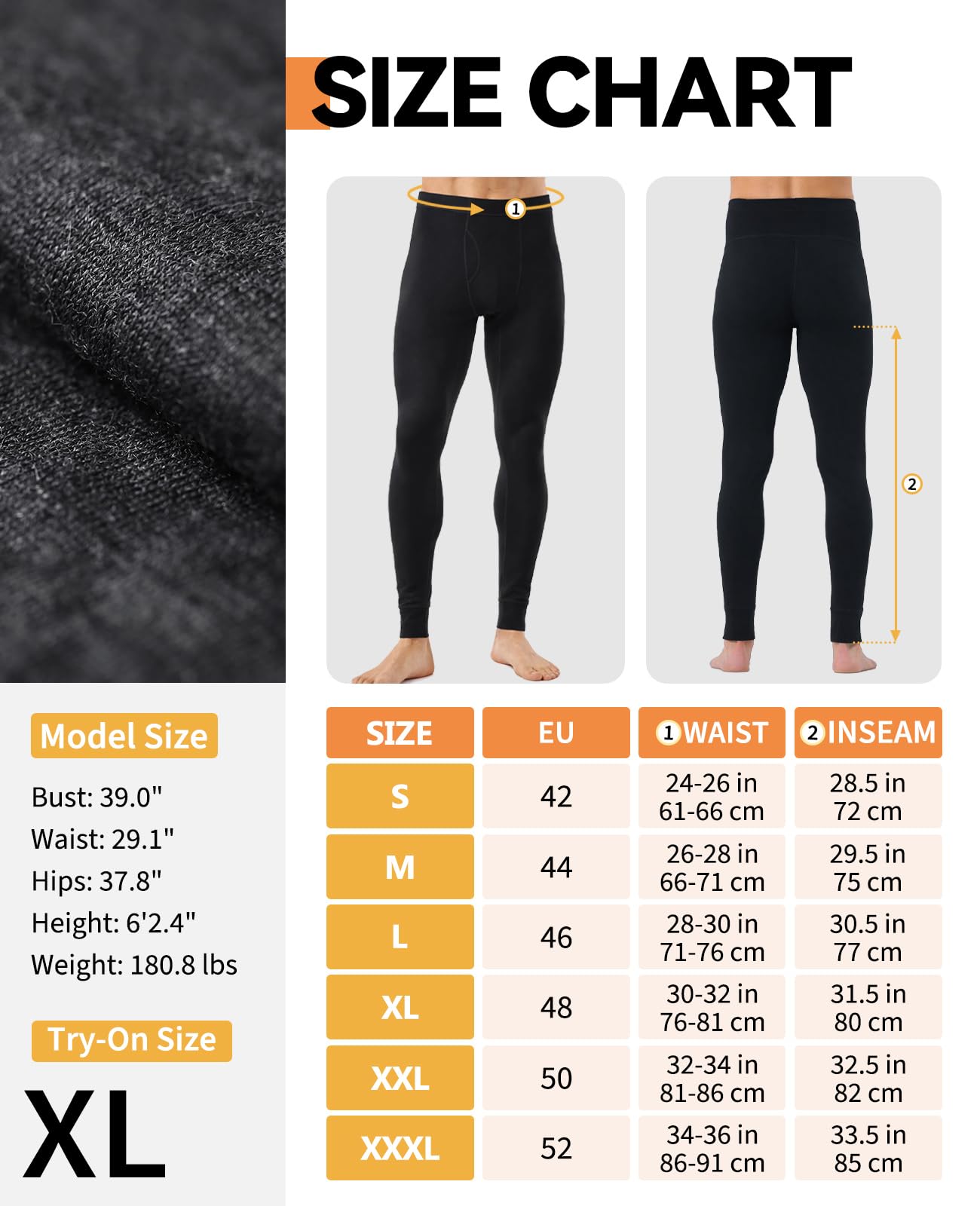 Merino Protect 100% sous Vetement Merinos Homme Pantalon Thermique Épais Doux Long sous-Vêtements pour Randonnée Safari