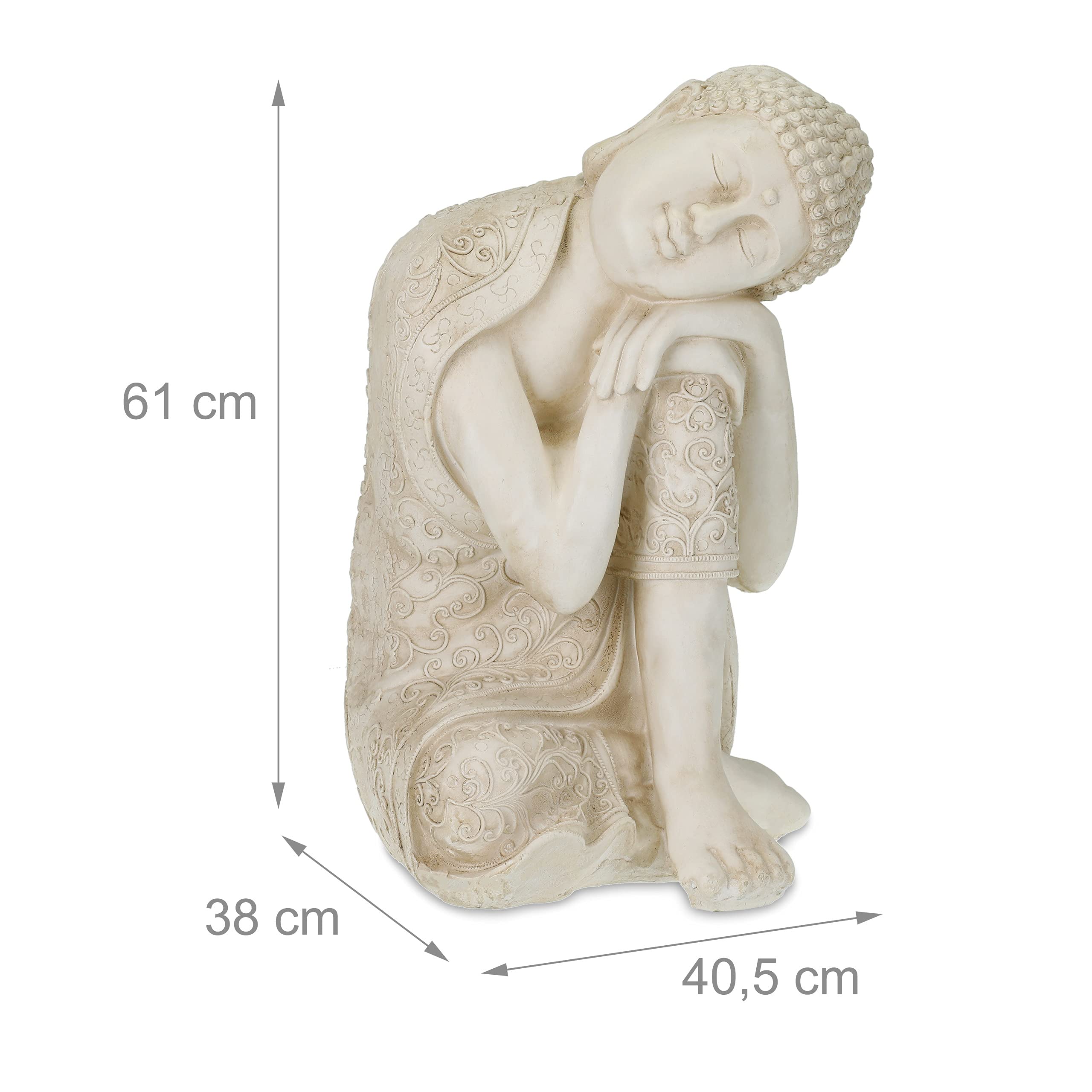 Relaxdays Figura di Buddha per Giardino, Resistente alle Intemperie, Buddha Inchinato, Poliresina, 61x40,5x38 cm, Bianco