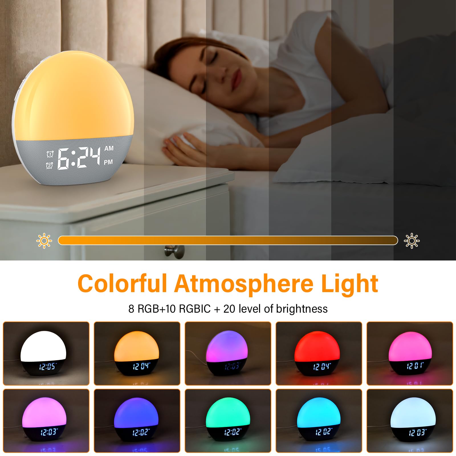 Sveglia a luce diurna, con doppio allarme digitale, 18 luci a colori, 20 luminosità, 24 suoni naturali, radio FM, simulazione dell'alba colorata, regalo per donne e uomini