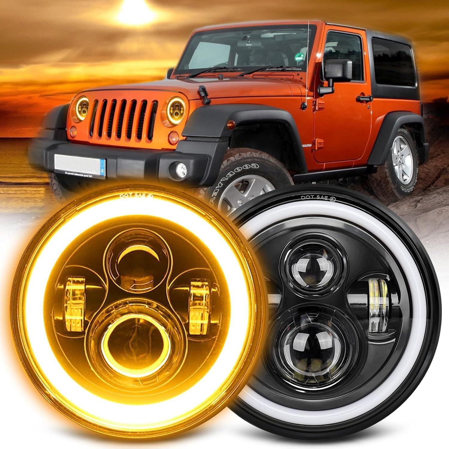 - Fit for Jeep Wrangler JK 2 Door 2 2007~2017 2Pcs 7 Inch LED Headlights Round Halo Angel Eyes DRL Amber Turn Signal Lights H6024 LED Headlights Replace High/Low Sealed Beam H4 H13 Adapter