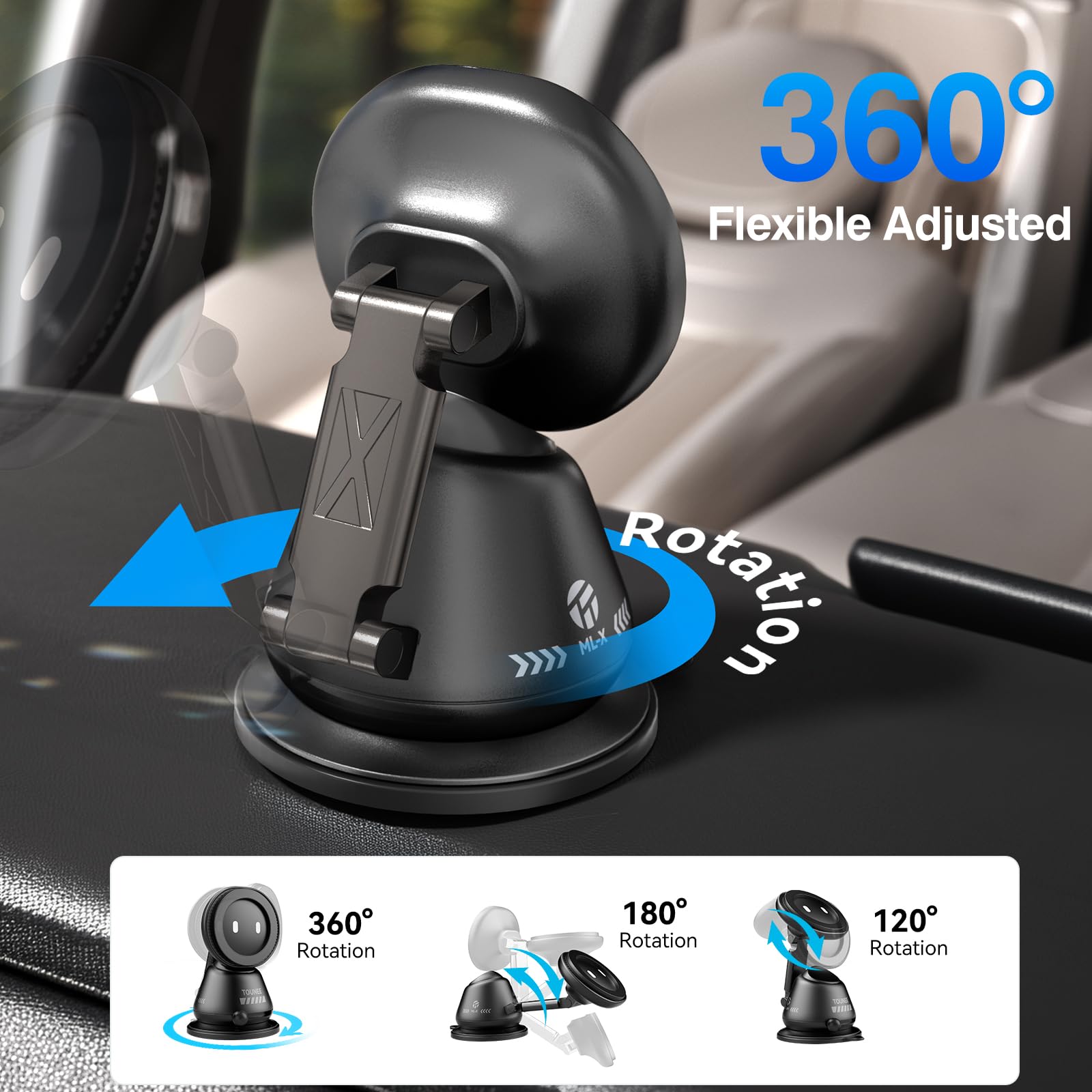 tounee Magnetyczny uchwyt samochodowy na deskę rozdzielczą, obracany o 360°, uchwyt na telefon samochodowy, uniwersalny stojak na telefon komórkowy do iPhone 17 Pro Max 16 15 14 13 12-czarny