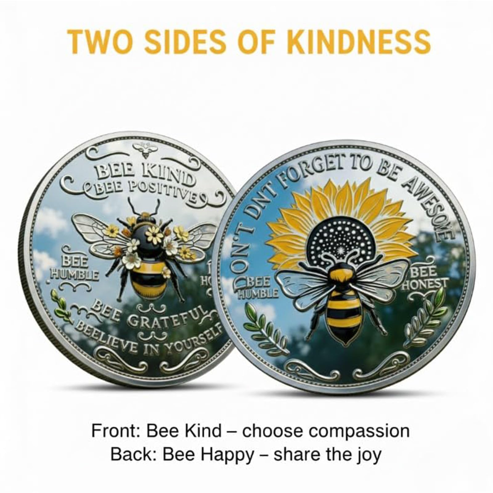 Moneda de positividad tipo abeja, ficha de abeja inspiradora de doble cara con diseño de girasol y laurel, moneda de desafío motivacional para la afirmación diaria (3pcs)