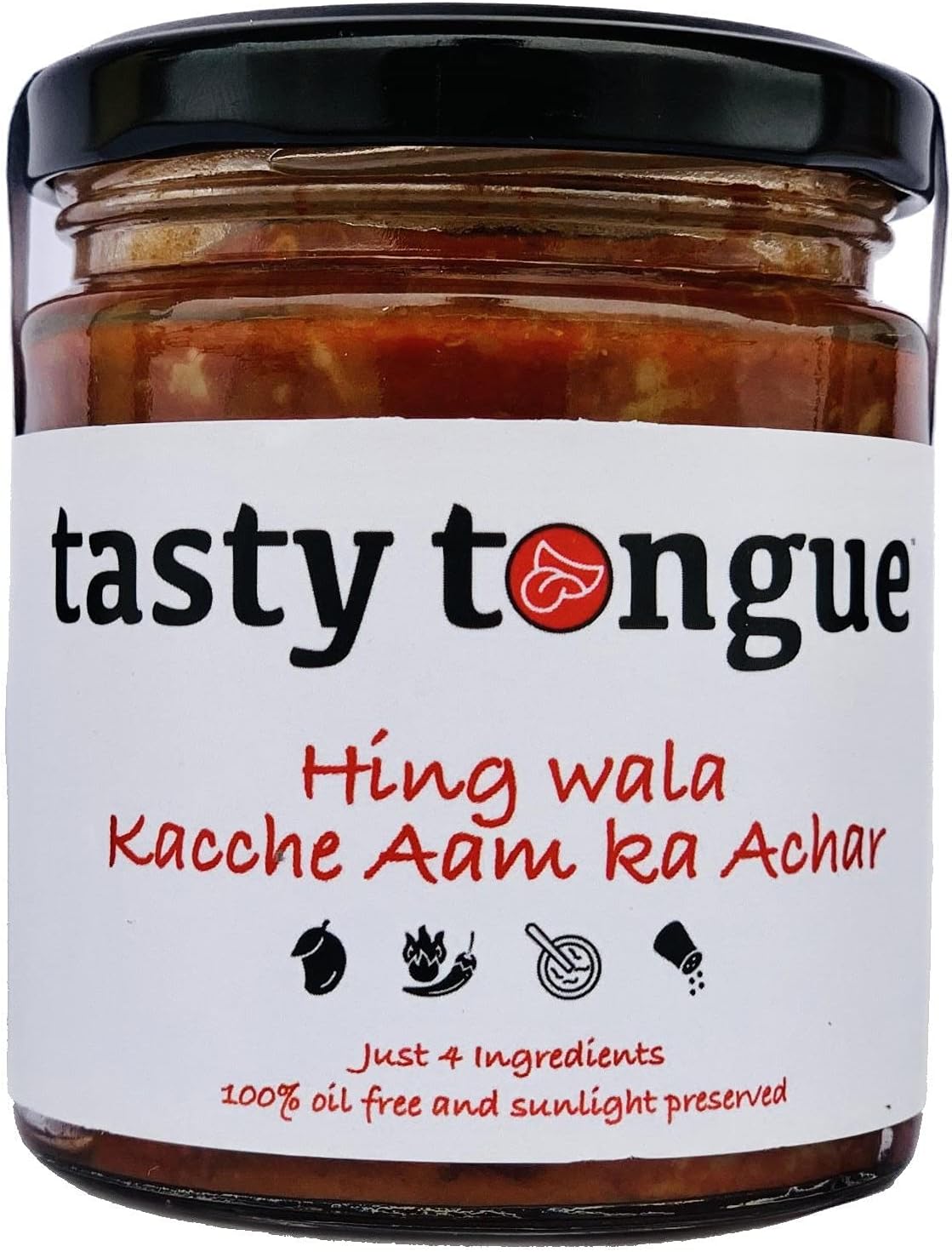 tasty tongue Raw Mango Pickle - Homemade Hing Wala Kacche Aam ka teekha Achar/Hing ki Achari (Spicy Asafoetida-Raw Mango Pickle), Traditional, 100% Oil-Free, preservatives-free, Sun dried Mango and Premium spices, Certified | 190 GMS Glass Jar