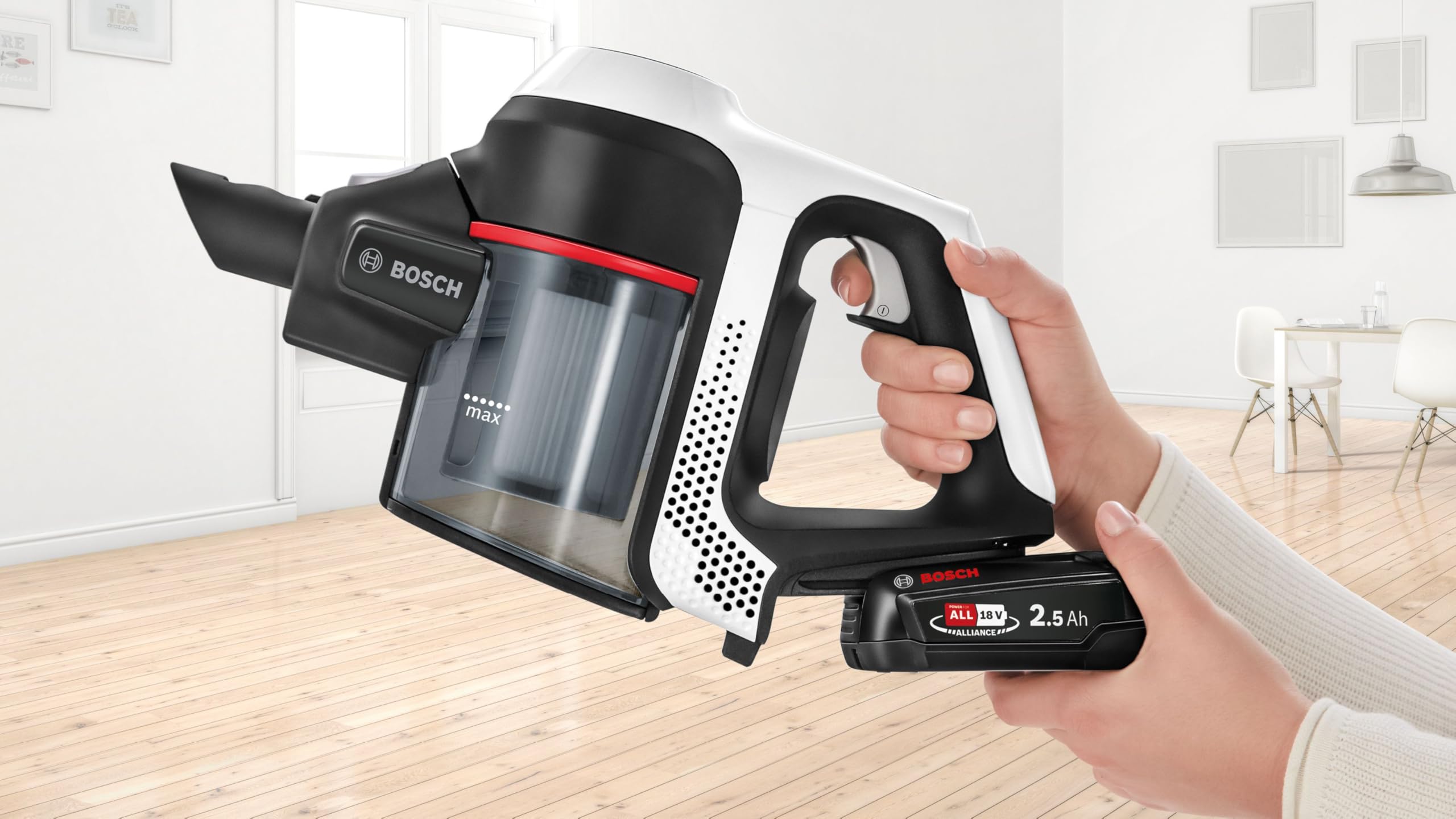 Bosch Unlimited Serie | 6 - Scopa Elettrica Ricaricabile, Aspirapolvere Multifunzione senza Fili e senza Sacco, 18V, Bianco