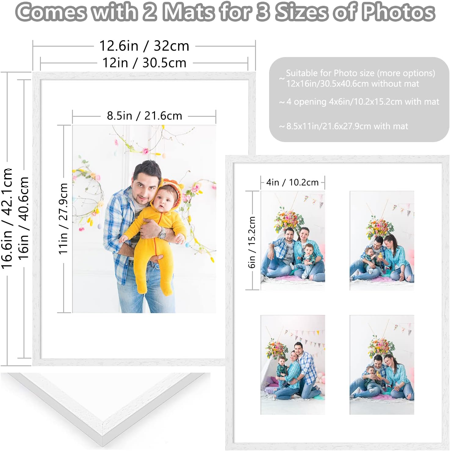 Buy 12x16 White Wood Photo Frame, Picture Frame, Display Photos 8x11 or