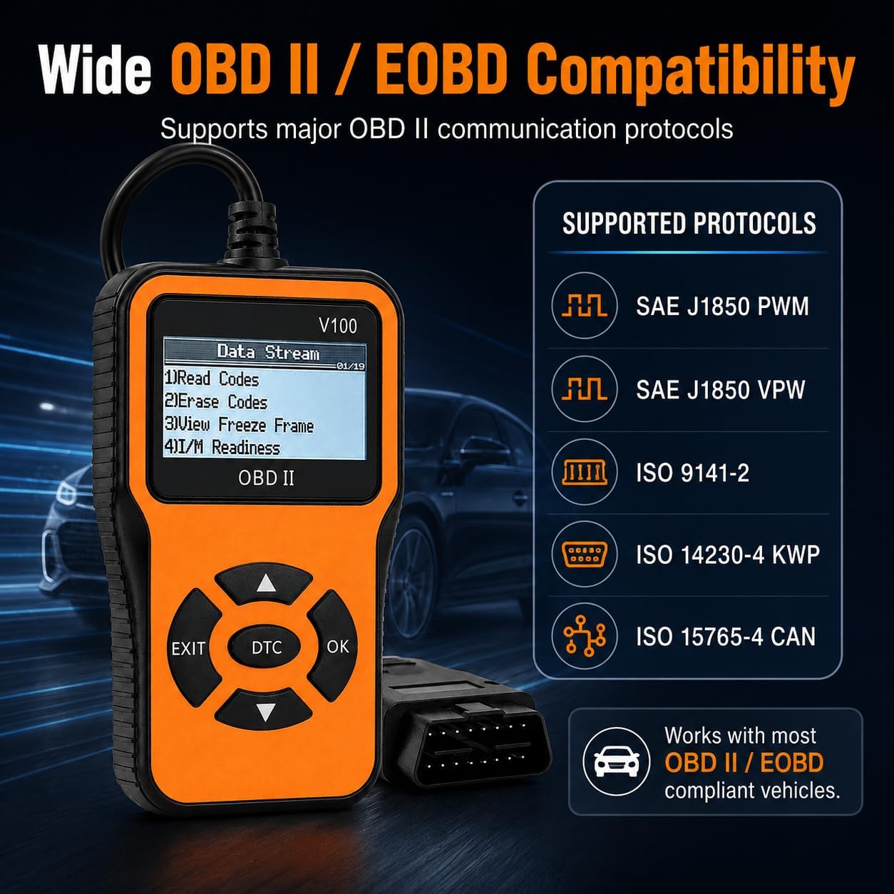 V100 OBD2 Diagnostic Scanner Tool - Quickly Engine Check Light Code Reader, Voltage Tester, I/M Readiness, Reset, and Code Eraser, Suitable for All OBD II Protocol Car & Truck Since 1996