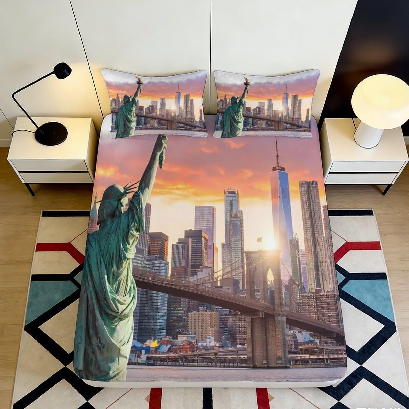 Jqzkxnhpbr Style-9 3D Printed Statue Of Liberty Skyline Fitted Sheet Microfiber Soft Breathable Sunset Mattress Cover For Bedroom Home Decor 90X200x25cm
