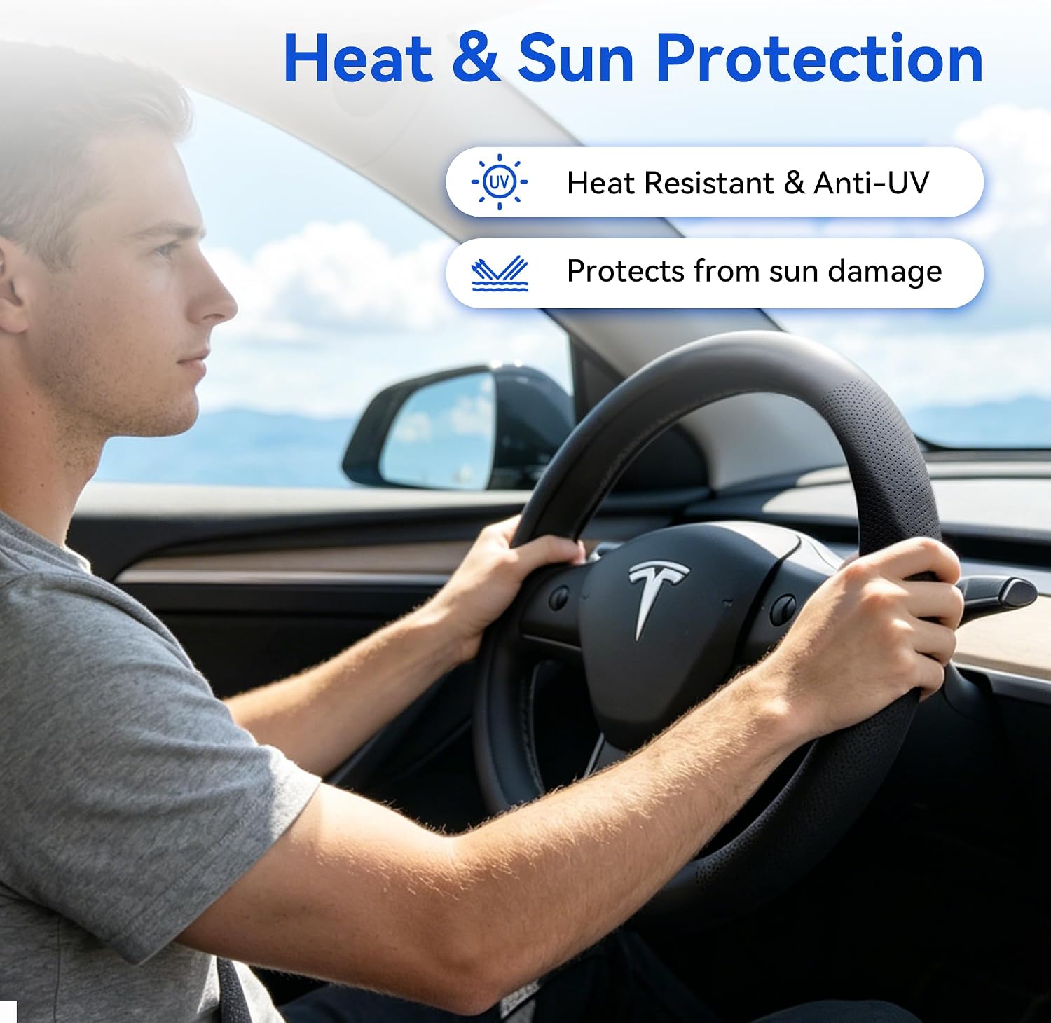 Steering Wheel Cover Fits Model 3 2019-2025/Model Y 2020-2026, Leather Steering Wheel Protector Compatible with Tesla, Non-Slip Soft-Touch Breathable Round Cover for Car Steering Wheel