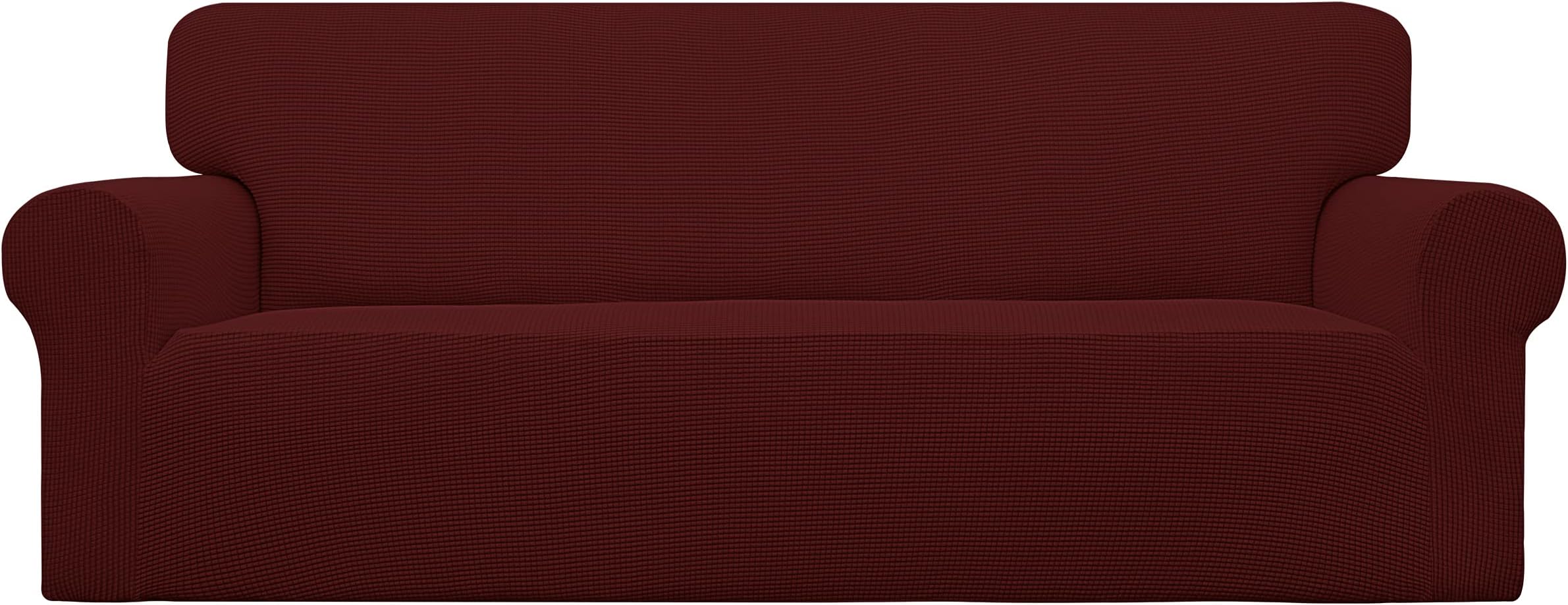 Stretch Sofa Slipcover 1-Piece Couch Sofa Cover Furniture Protector Soft with Elastic Bottom for Kids, Spandex Jacquard Fabric Small Checks(Sofa,Wine)