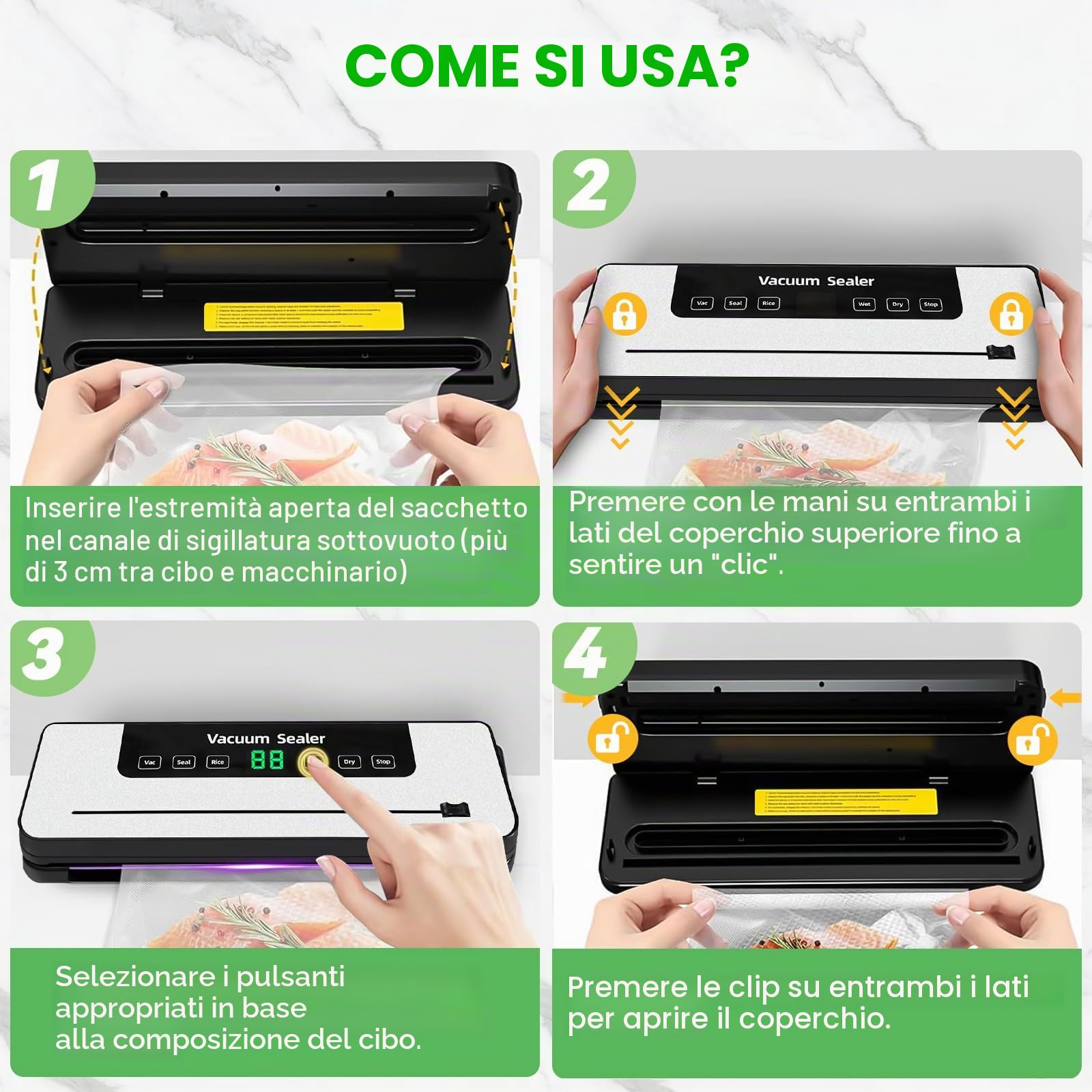 Macchina Sottovuoto Alimentare 6 In 1,Y 40 Inclusi Sacchetti Sottovuoto e Tubo Accessorio,Macchina imballatrice sottovuoto multifunzionale per Cottura Sotto Vuoto e Conservazione Alimenti