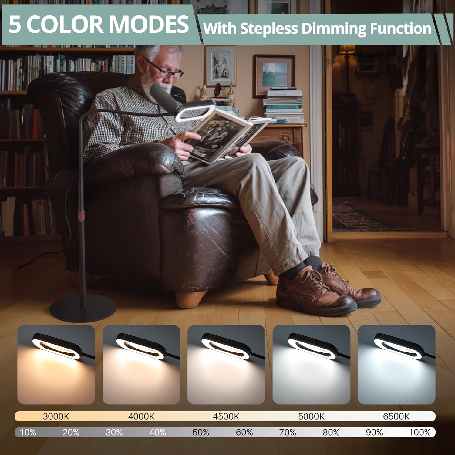 COLFULINE 10X Magnifying Glass Floor Lamp, Adjustable Dimmable LED Magnifier Floor Lamp with Clamp, 5 Color Modes & Stepless Dimming, Heavy Base & Flexible Gooseneck for Reading, Sewing, Crafts