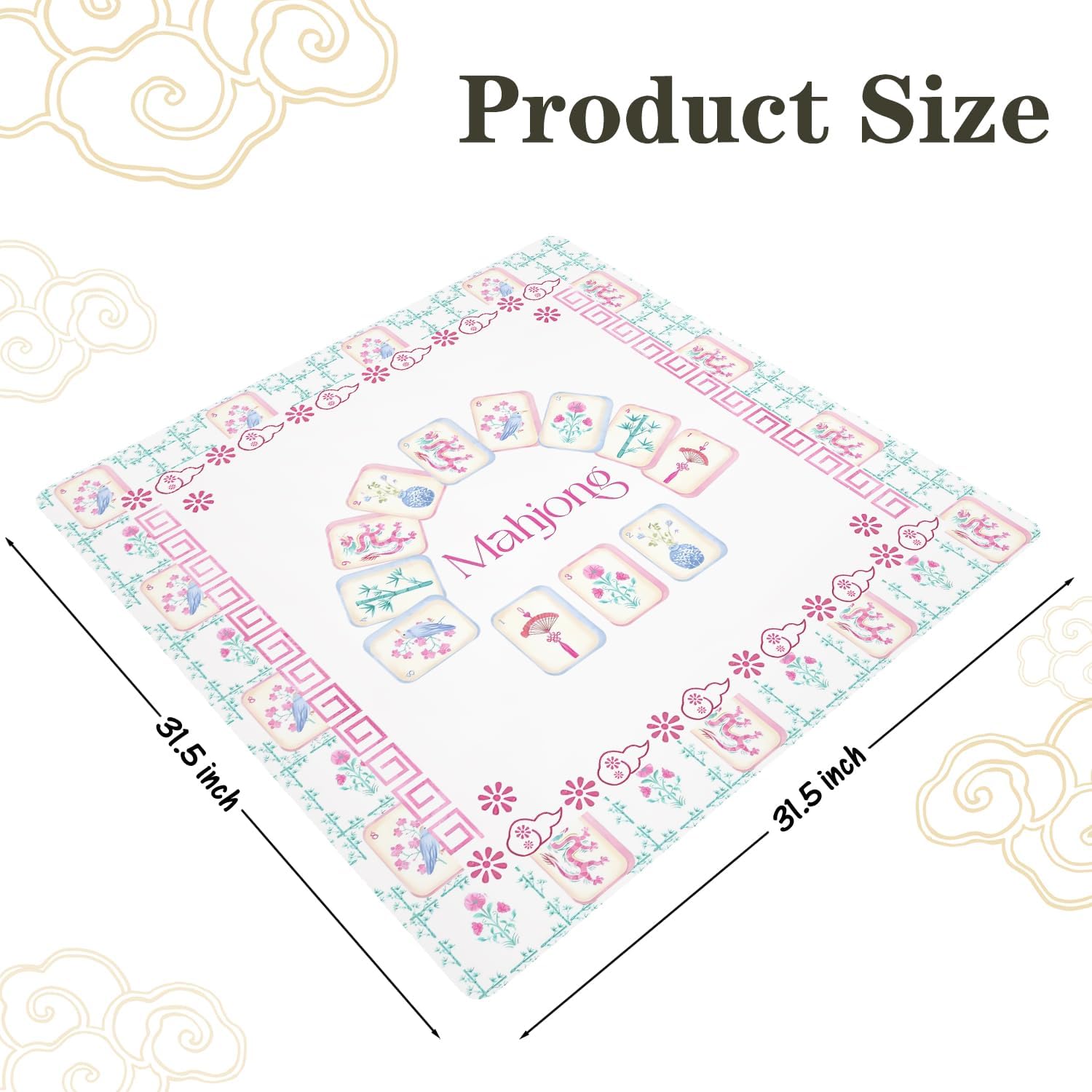 Pink and Green Chinoiserie Mahjong Mat 31.5 x 31.5 In, Grandmillennial Mahjong Mat for Table, Non-Slip Noise Reduction Game Table Cover Tablecloth for Card Poker Dominoes Dice and Board Game