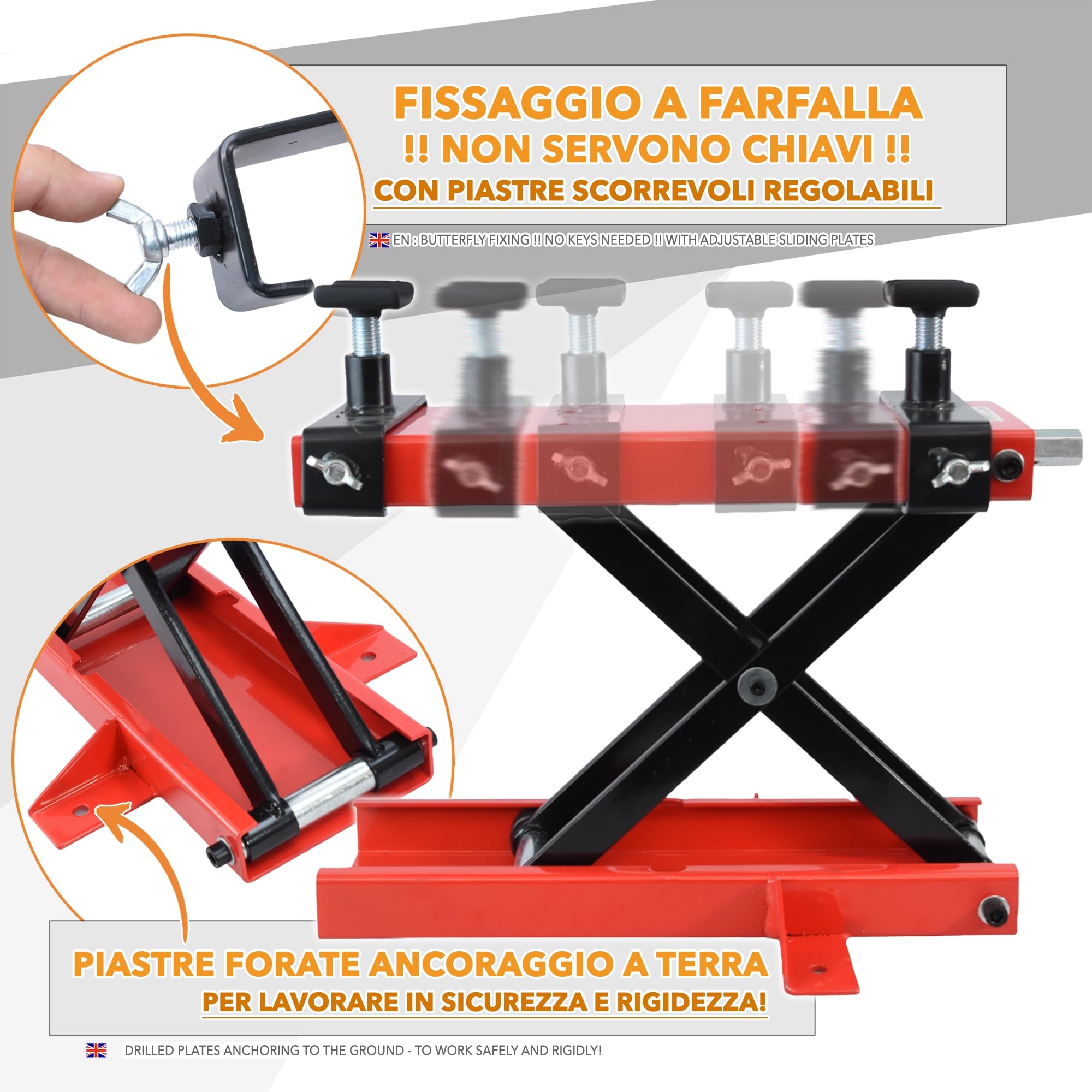 Alzamoto Pedana Centrale Sollevatore Moto Sollevamento Cross Custom Scooter Portata 500 kg in Metallo con madrevite in Metallo + Supporti Anti graffio Culla Motore Bike Enduro Garage Officina