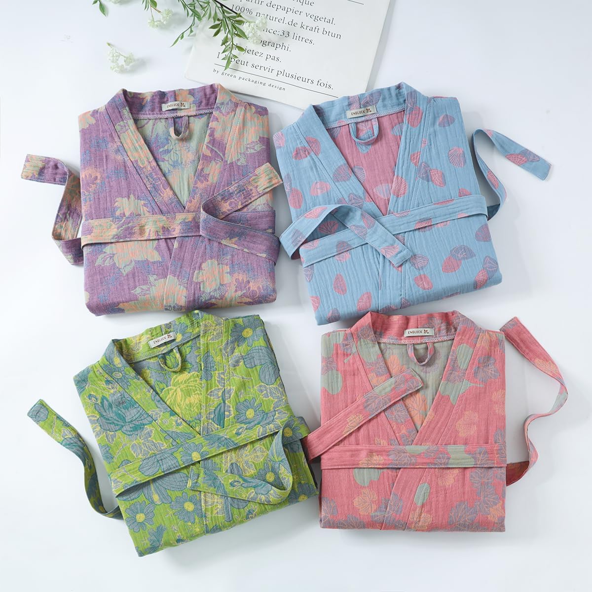 Cotton Gauze Robe for Wome Plus Size Kimono Robe Muslin Bathrobe with Belt Pocket Loungewear Yukata Sleepwear - Image 8