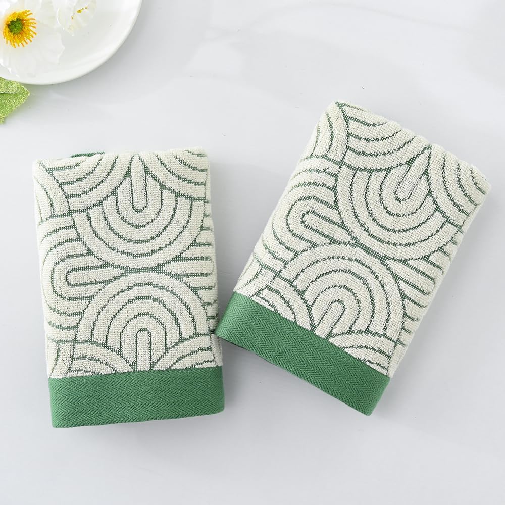 YiLUOMO 100% Cotton Green Border Hand Towel Set of 2 Soft Ribbed Striped Modern Geometric Arc Pattern Ultra Absorbent Decorative Hand Towels for Bathroom 13 x 29 Inch - Image 3