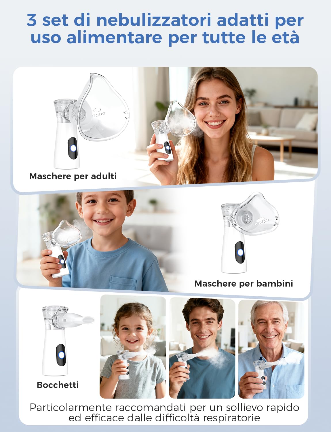 YOHOOLYO Aerosol Portatile Silenzioso Nebulizzatore 26dB, 2 Modalità, Ricarica USB-C con Autopulizia, Include 2 Maschere e Boccaglio per Adulti e Bambini, Leggero, per Viaggi e Uso Domestico