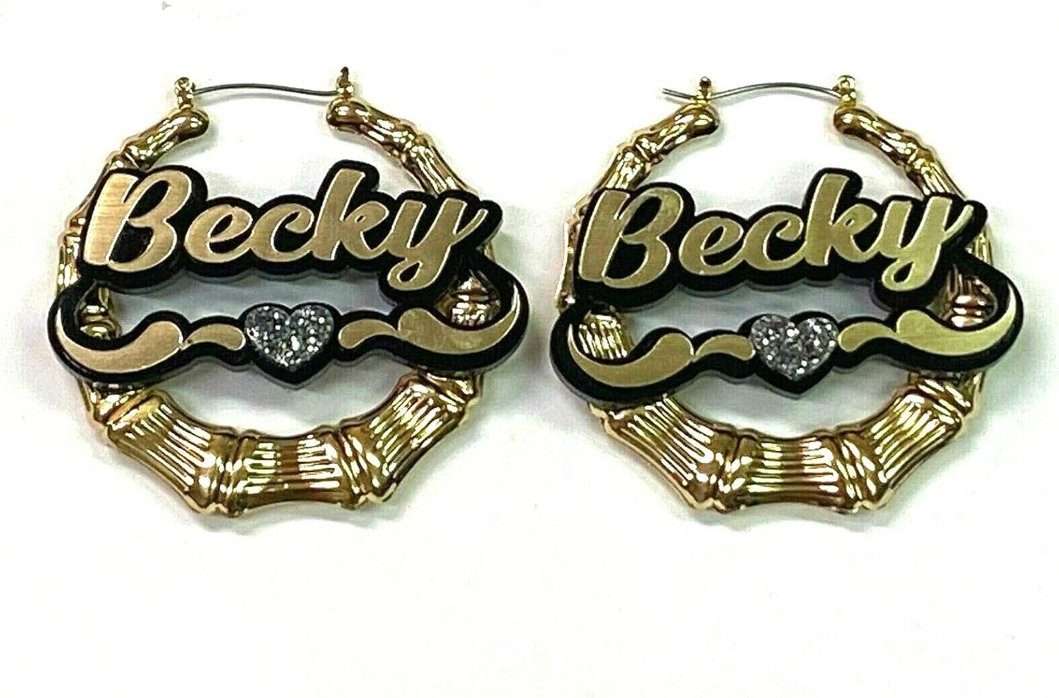 Personalized Custom Gold Hoop Earrings Script Name Plate Swirls Heart Laser Cut Design Stunning Look - Quality, Attractive Gold Bamboo Earrings, Made To Order - 2.5 INCHES size