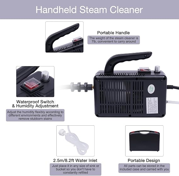 Multifunction Handheld Steam Cleaner, 1600W Electric High Pressure Steam Clean Mobile Cleaning Machine Power Steamer, High Temperature Portable Steam Cleaner for Furniture Car Household (Black)