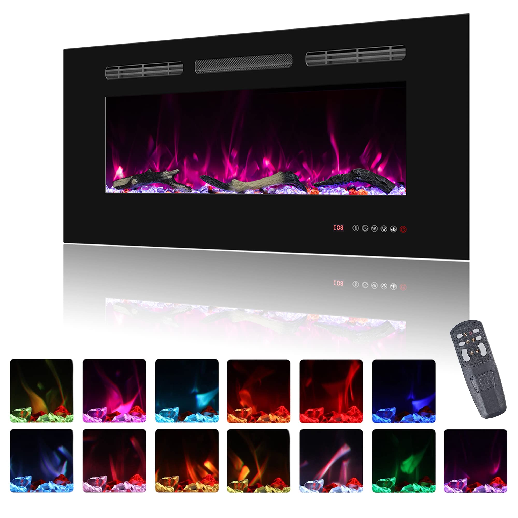 Oxhark Flame 36inch Electric Fireplace in Wall Recessed and Wall Mounted Fireplace Electric, 13 Flame Colors, Realistic Logs &Crystals Fuel Bed,