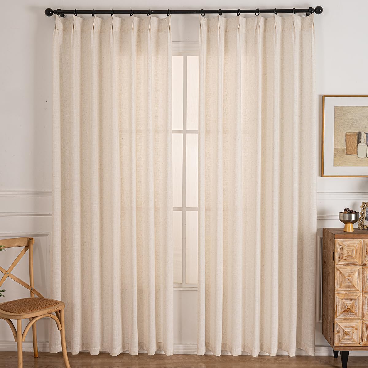 Natural Pinch Pleated Linen Curtains 96 Inch Length 2 Panels for Living Room Bedroom Semi Sheer Window Curtain Boho Neutral Back Tab Pinch Pleat Drape with Hooks 52 x 96 Inches Long
