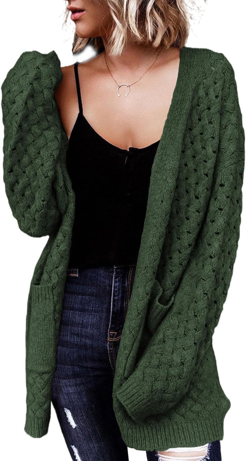 Women's 2026 Fashion Casual Open Front Long Sleeve Chunky Cable Knit Cardigans Sweaters Outerwear Coats with Pockets