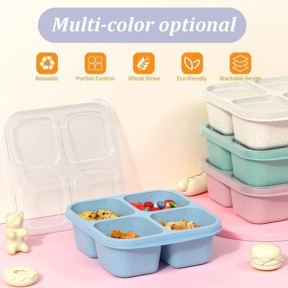 4 Pack Snack Boxes, 4 Compartment Meal Prep Containers, Reusable Meal Prep Lunch Containers Leakproof for Kids Adults, BPA Free, Microwave - (Pink/Blue/Green/Beige)