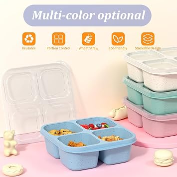 4 Pack Snack Boxes, 4 Compartment Meal Prep Containers, Reusable Meal Prep Lunch Containers Leakproof for Kids Adults, BPA Free, Microwave - (Pink/Blue/Green/Beige)