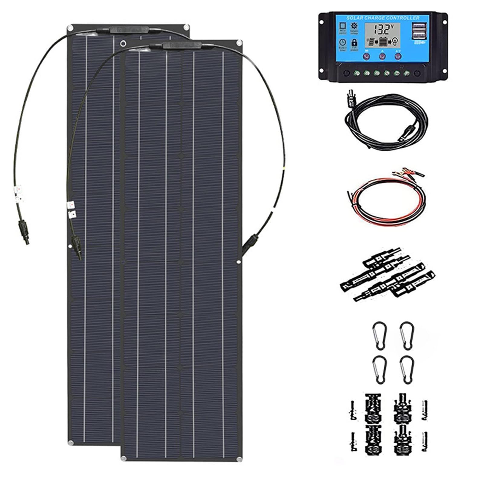 Zestaw 2 Paneli SłOnecznych 200 W Z Regulatorem łAdowania 40 A, Monokrystaliczne, Elastyczne Panele SłOneczne Do łAdowania AkumulatoróW W Kamperach, Kempingu, łOdzi I Domu Black