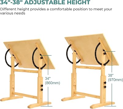 Wood Drafting Table for Adults, 24'' x 35 Drawing Table with Adjustable Height & Angle for Art Studio, Solid Pine Wood Artist Desk for Drawing, Drafting, Writing, Reading, Sketching