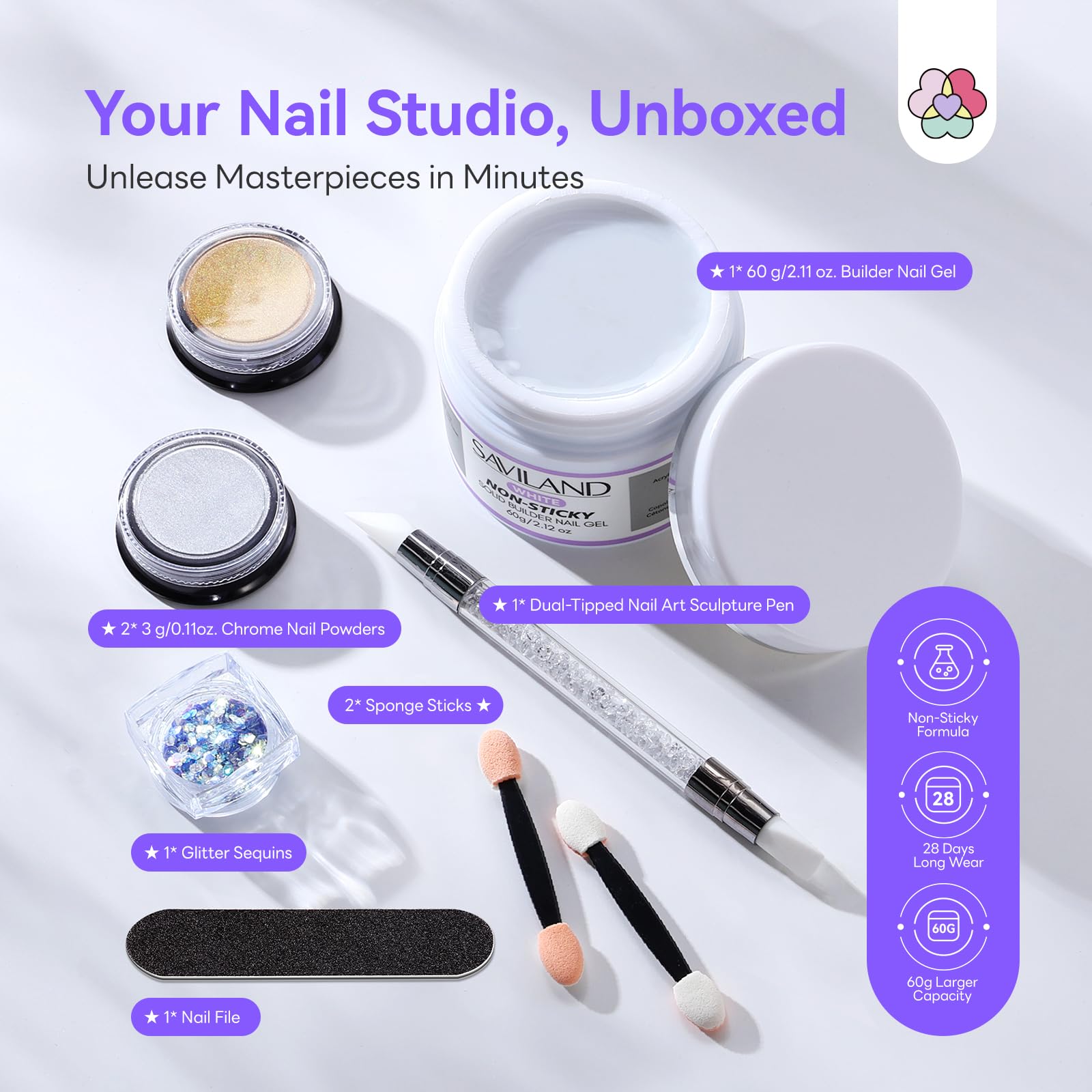 Saviland Solido Sculpture Builder Gel, 60g Sculpture 3D Gel per Nail Art con 2PCS Polveri Cromate per con e Strumenti Kit Gel Costruzione Estensione per Unghie per Fai da Te a Casa