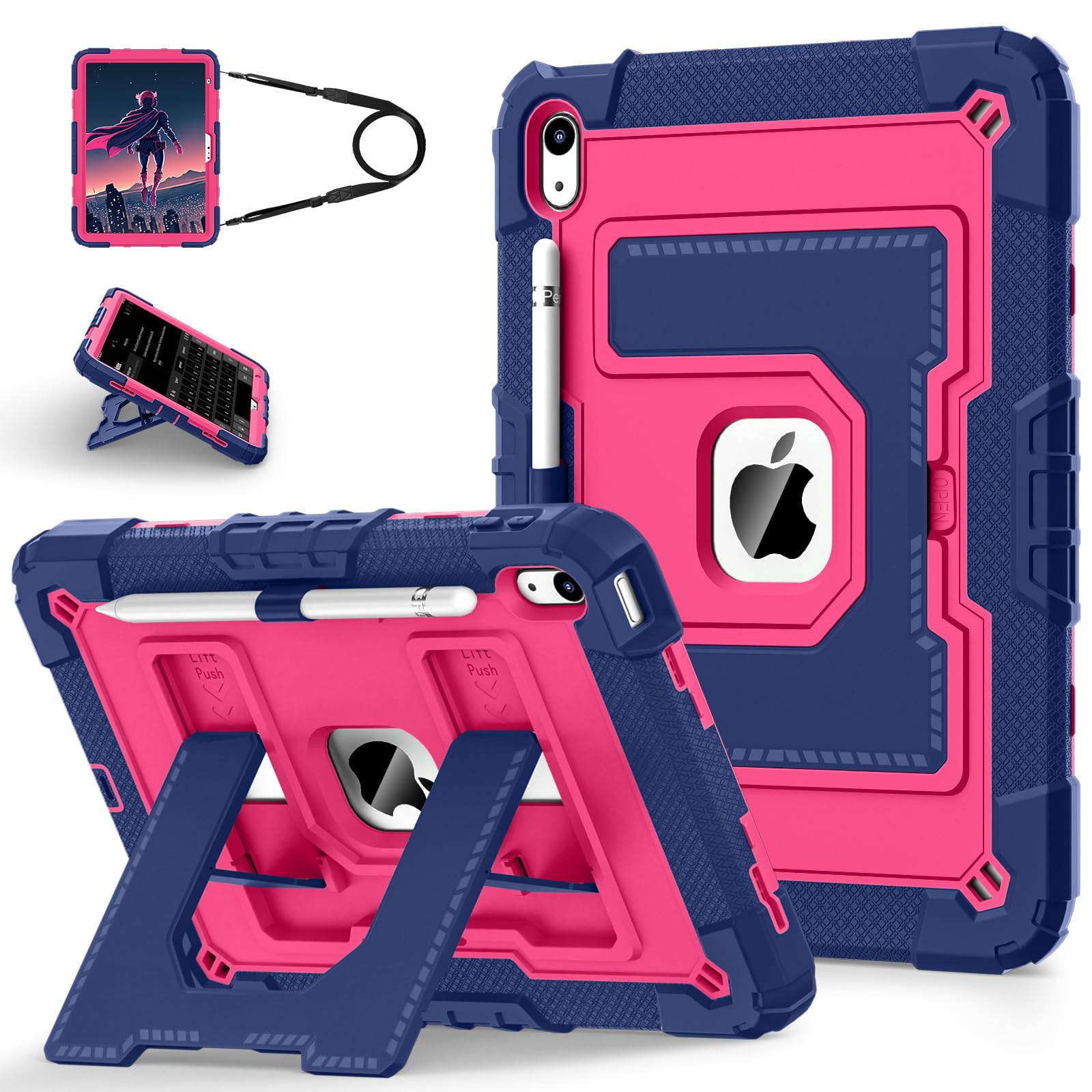 for iPad (A16) 11th Generation 11 Inch (2025)/iPad 10th Generation 10.9 Inch (2022) 10th Gen i Pad Case with Shoulder Strapr,Shockproof Cover for 11.0/10.9,Navy Pink