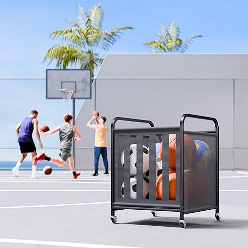 Miniatura 8 de niffgaff Carrito de almacenamiento de bolas, gran capacidad de 15 bolas, cubo de bolas con ruedas bloqueables, sostiene pelotas de baloncesto