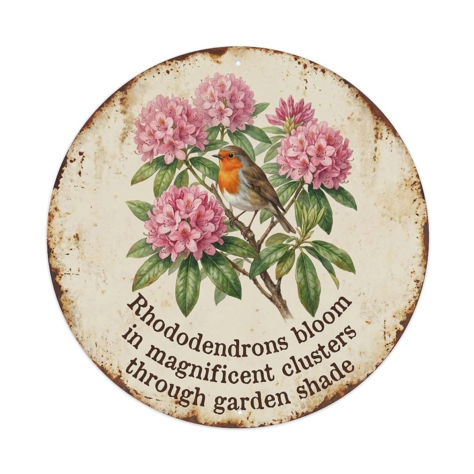 Robin Bird Garden Quote Rhododendron RoundMetal Tin Sign