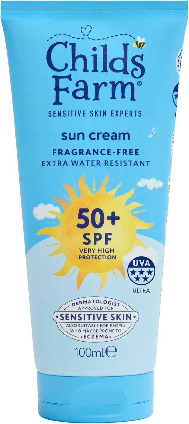 Childs Farm Kids & Baby Sun Cream SPF 50+ | UVA & UVB Very High Protection | Extra Water Resistant | Fragrance Free | Suitable for Dry, Sensitive Skin, 100ml