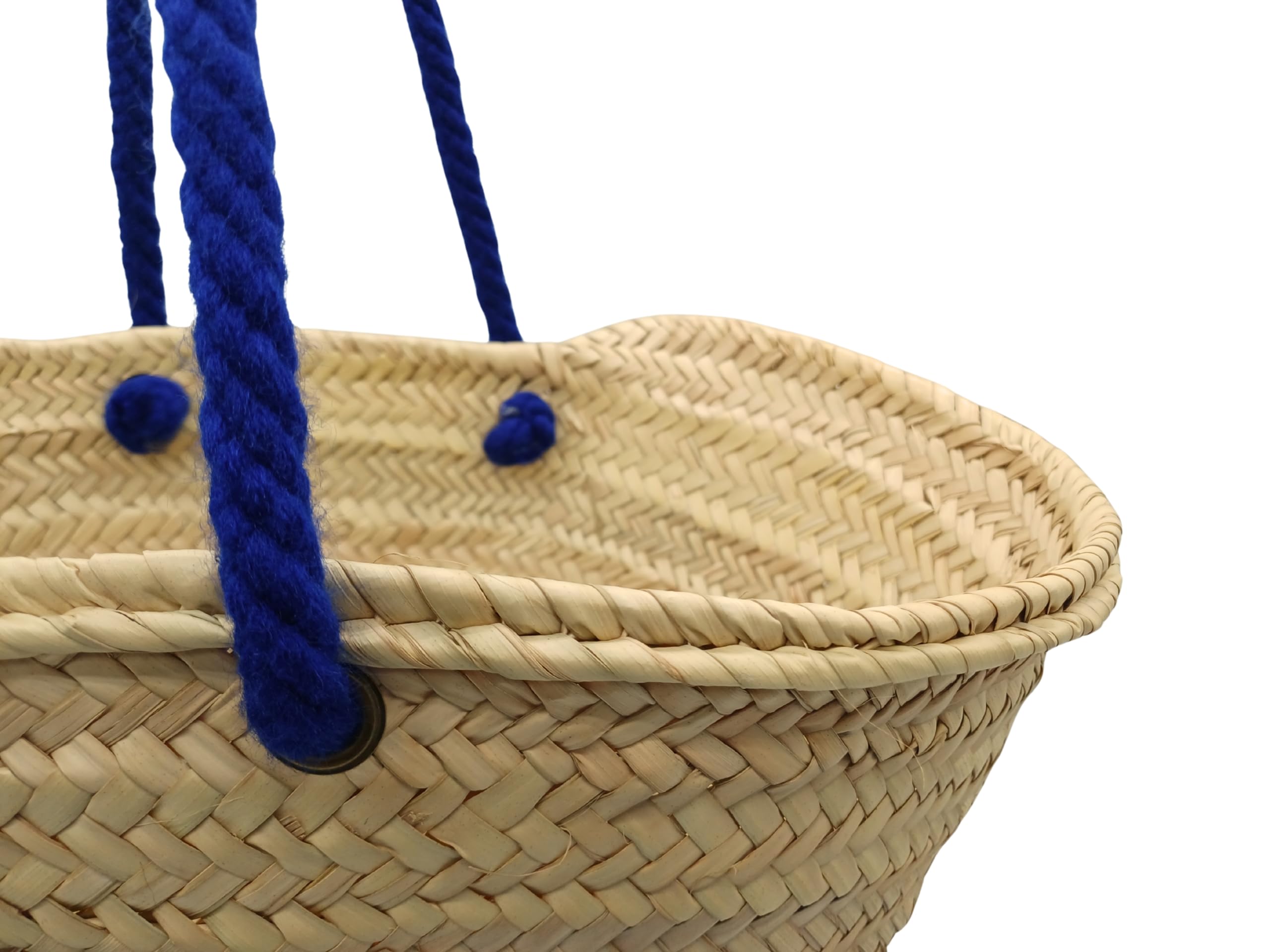 Bolso capazo de palma con dibujo de ojo de lana azul,asas largas azules, beige y azul 45x28x18cm