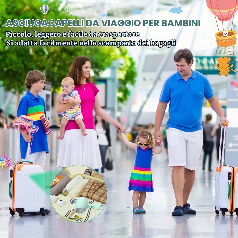 Phon Bambini 550W Mini Asciugacapelli Viaggio Silenzioso Calore Delicato Ragazze (Verde) 3 Impostazioni Velocità