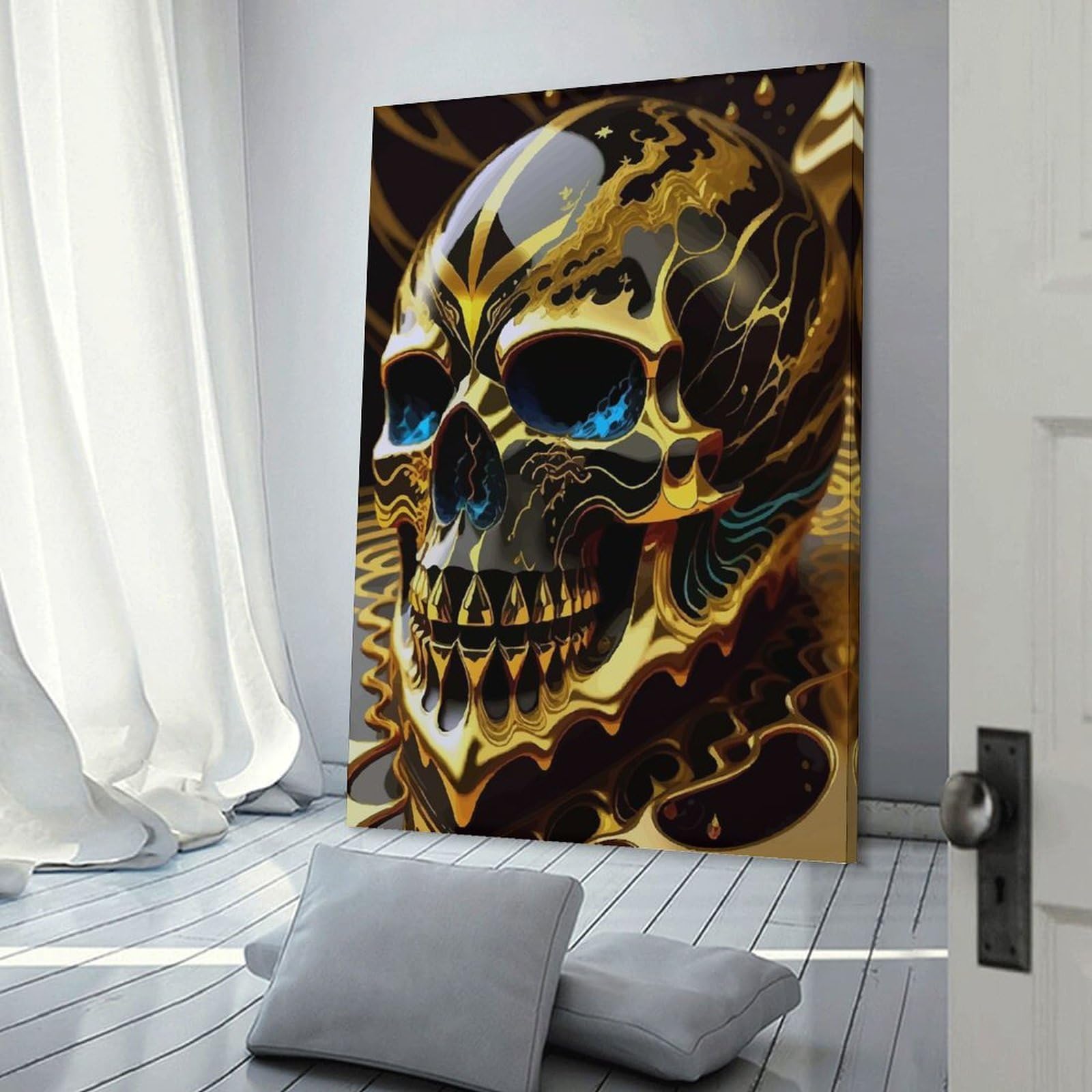 Junmoney Frame-Style-25 Golden Skull Art Print Wall Art Print, 20X30inch(50X75cm), For Office, Study Or Home Workspace, Decorative Artwork For Productive Spaces