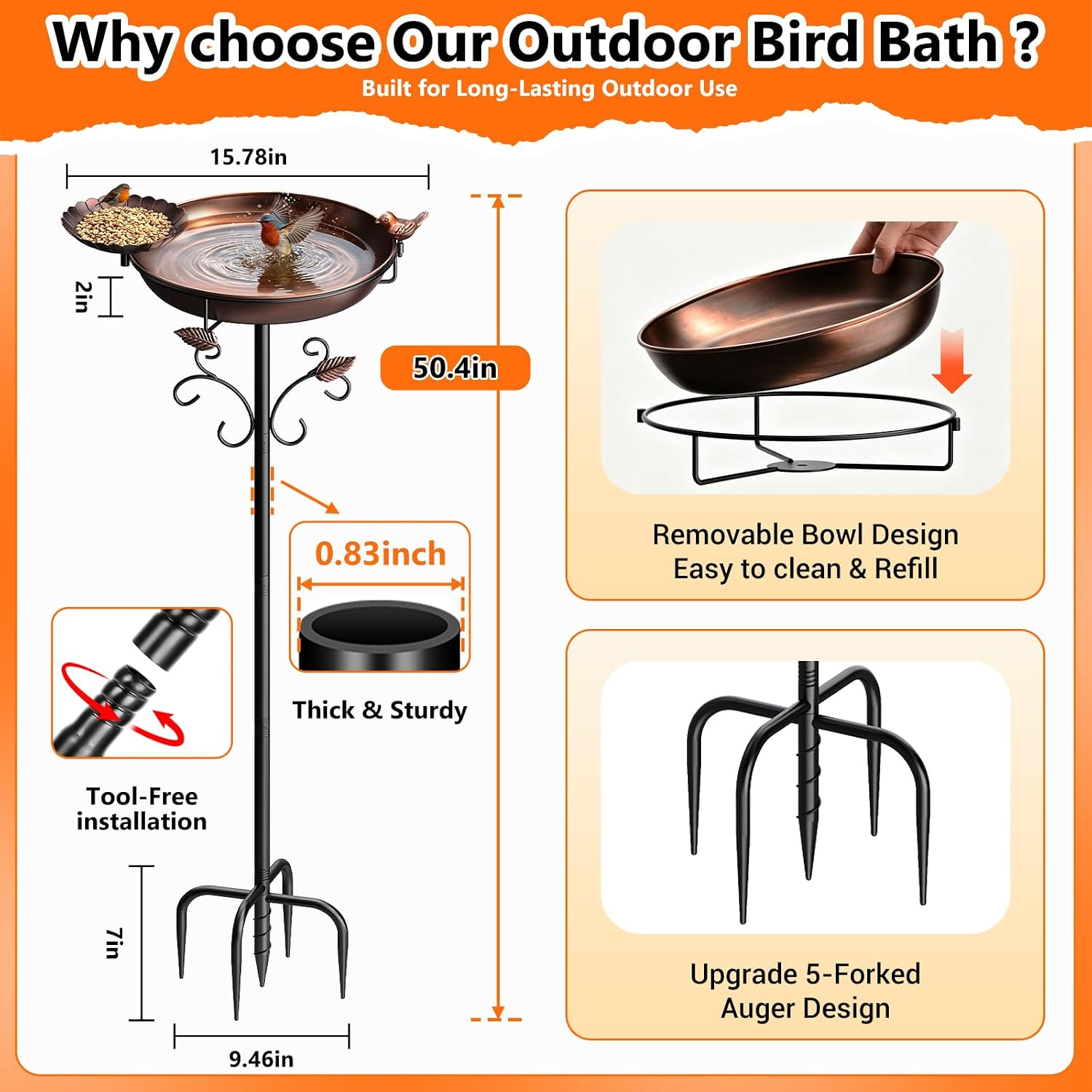 50" Tall Metal Bird Bath for Outside, Outdoor Water Feeder Bowl